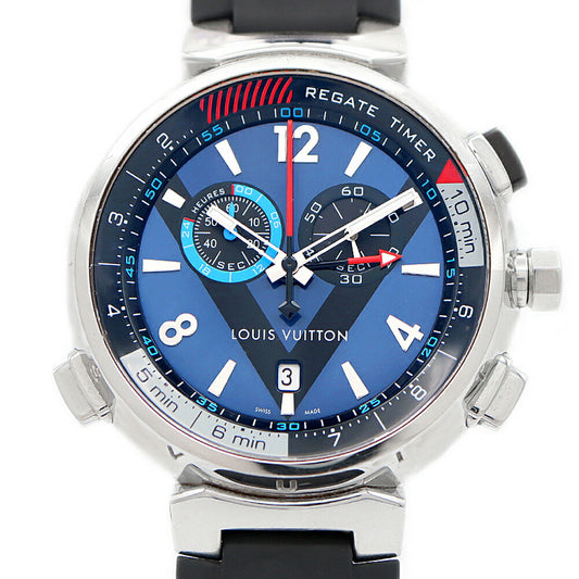LOUIS VUITTON Tambour Regatta Q102D Chronograph Date Small Second 100m Water Resistant Blue SS Stainless Steel Genuine Belt Genuine Buckle Men's Quartz [6 Month Warranty] [Watch] [Used]