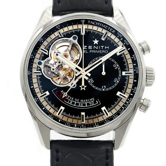 ZENITH ゼニス エルプリメロ クロノマスター オープン パワーリザーブ 03.2080.4021 クロノグラフ 100m防水 裏スケ 黒 ブラック SS ステンレス 純正ベルト 純正尾錠 メンズ 自動巻き【6ヶ月保証】【腕時計】【中古】