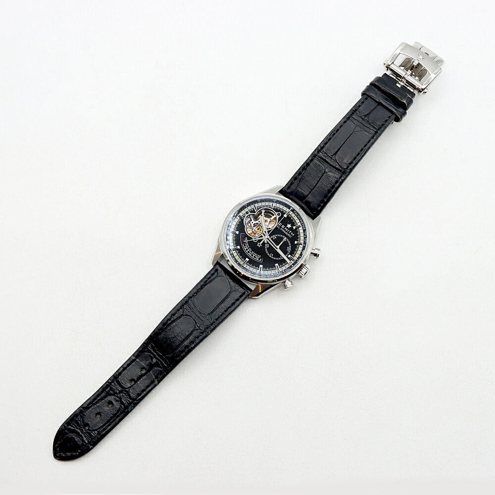 ZENITH ゼニス エルプリメロ クロノマスター オープン パワーリザーブ 03.2080.4021 クロノグラフ 100m防水 裏スケ 黒 ブラック SS ステンレス 純正ベルト 純正尾錠 メンズ 自動巻き【6ヶ月保証】【腕時計】【中古】