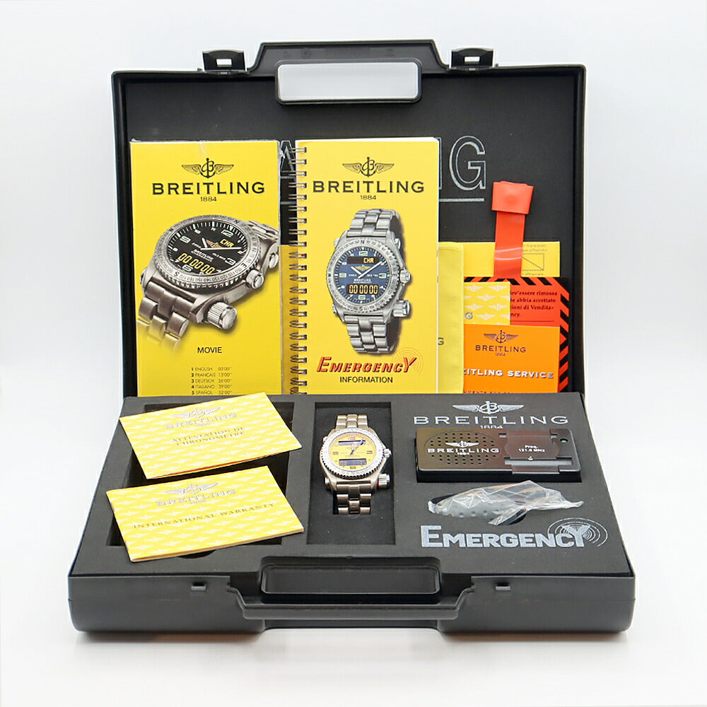 電池交換済 BREITLING ブライトリング エマージェンシー E56321 救難信号 デイデイト クロノグラフ 黄 イエロー Ti チタン メンズ デジアナ クォーツ【6ヶ月保証】【腕時計】【中古】