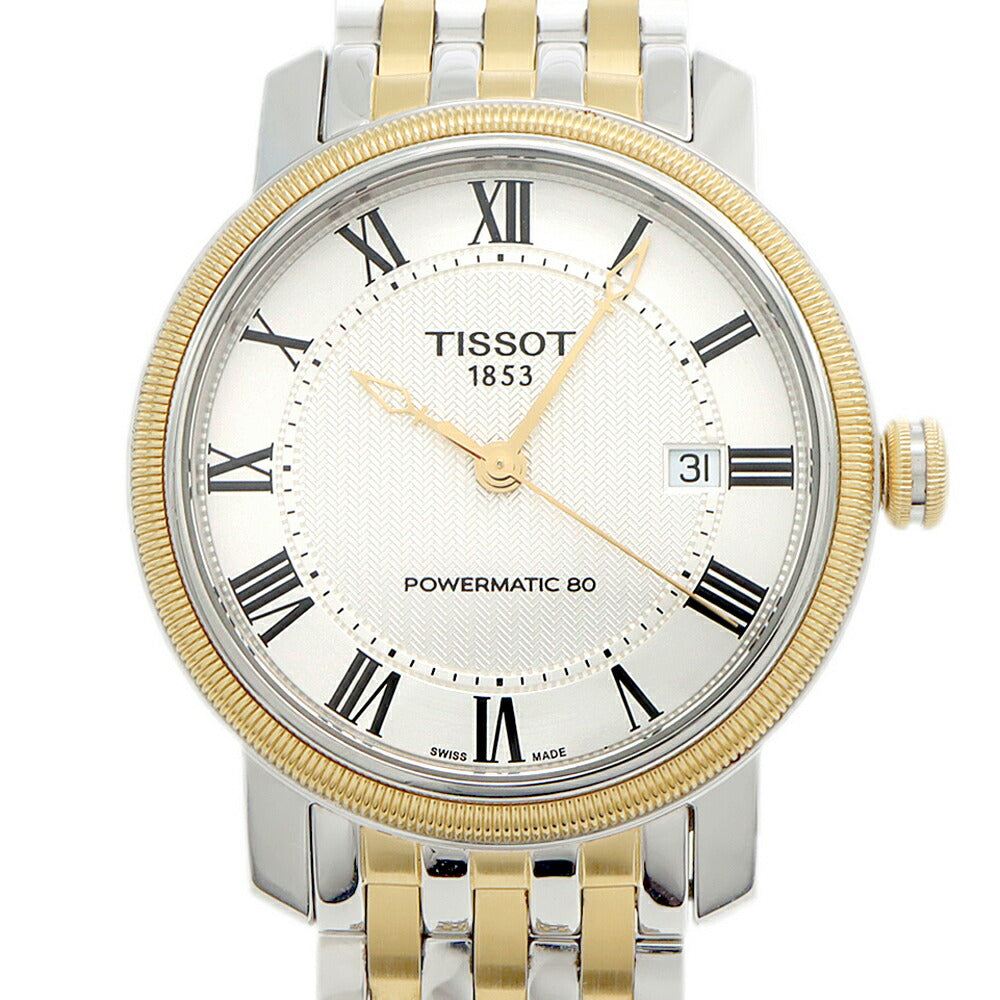 TISSOT ティソ  T-Classic ブリッジポート パワーマチック80 T097407A デイト 50m防水 裏スケ シルバー YGP イエローゴールド SS ステンレス コンビ メンズ 自動巻き【6ヶ月保証】【腕時計】【中古】