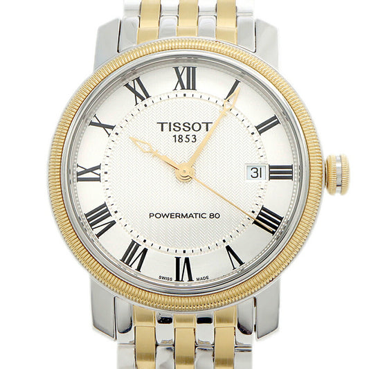 TISSOT ティソ  T-Classic ブリッジポート パワーマチック80 T097407A デイト 50m防水 裏スケ シルバー YGP イエローゴールド SS ステンレス コンビ メンズ 自動巻き【6ヶ月保証】【腕時計】【中古】