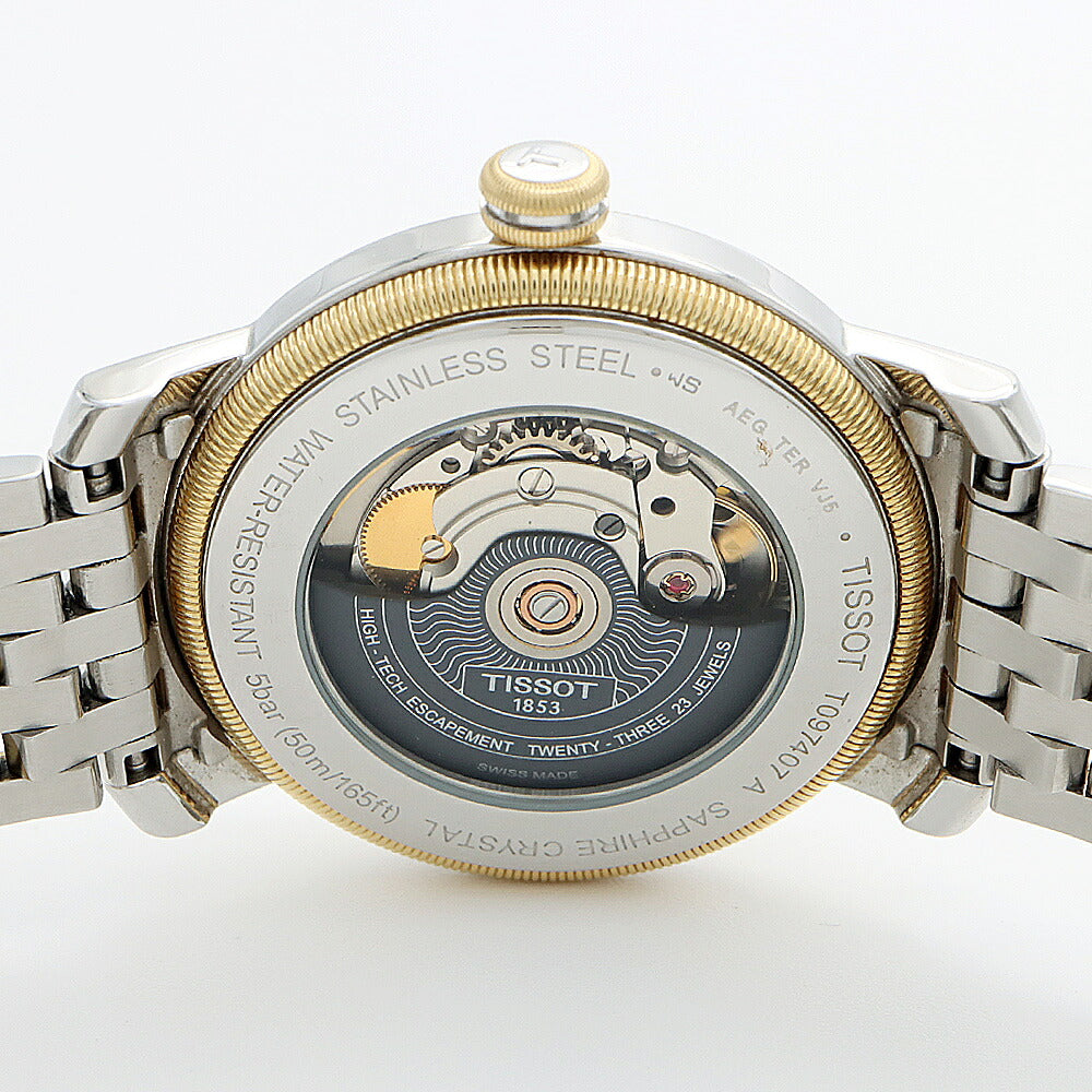 TISSOT ティソ  T-Classic ブリッジポート パワーマチック80 T097407A デイト 50m防水 裏スケ シルバー YGP イエローゴールド SS ステンレス コンビ メンズ 自動巻き【6ヶ月保証】【腕時計】【中古】