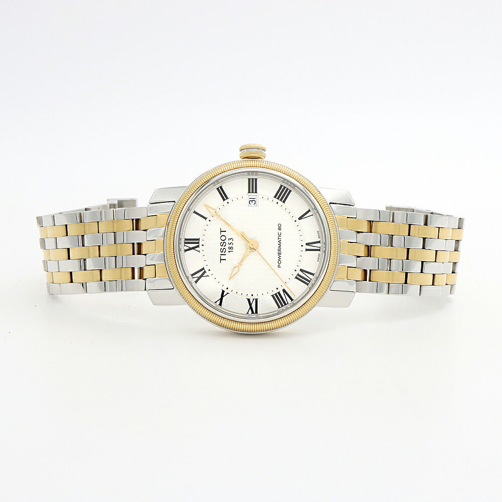 TISSOT ティソ  T-Classic ブリッジポート パワーマチック80 T097407A デイト 50m防水 裏スケ シルバー YGP イエローゴールド SS ステンレス コンビ メンズ 自動巻き【6ヶ月保証】【腕時計】【中古】