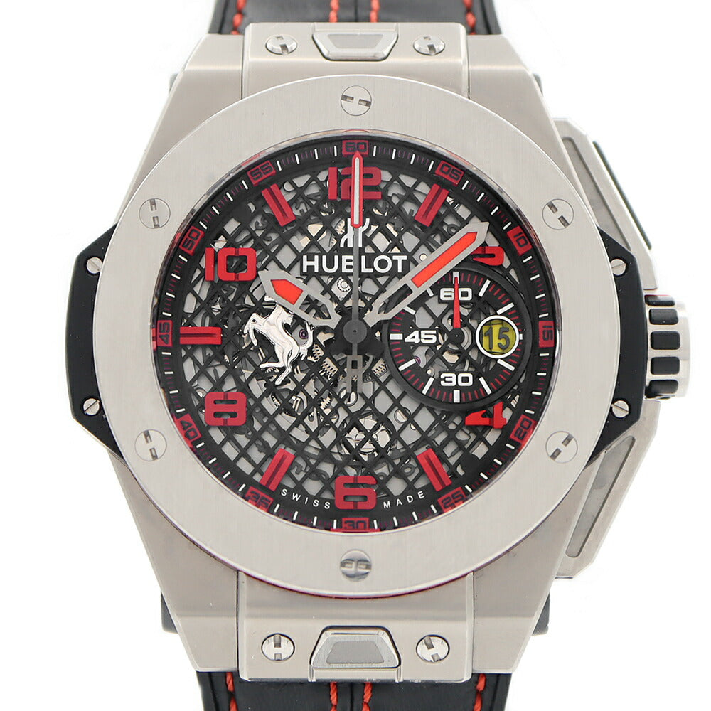 HUBLOT ウブロ ビッグバン フェラーリ ジャッポーネ50 日本50本限定 401.NI.1123.VR.FJP16 クロノグラフ デイト 裏スケ 黒 ブラック スケルトン Ti チタン 純正ベルト 純正尾錠 メンズ 自動巻き【6ヶ月保証】【腕時計】【中古】