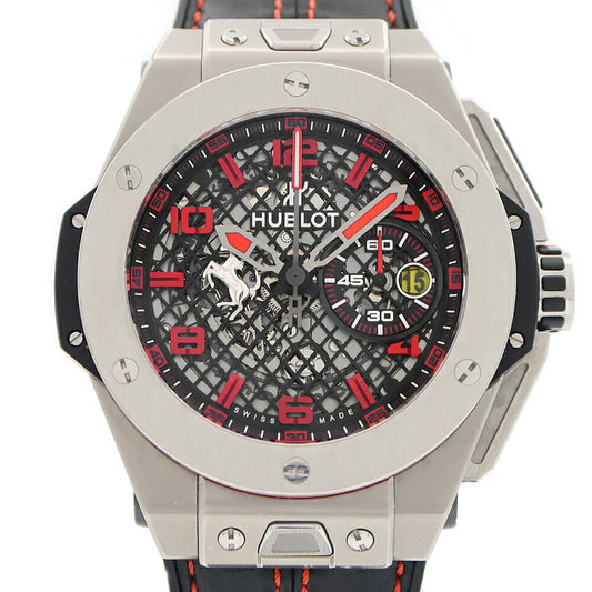 HUBLOT ウブロ ビッグバン フェラーリ ジャッポーネ50 日本50本限定 401.NI.1123.VR.FJP16 クロノグラフ デイト 裏スケ 黒 ブラック スケルトン Ti チタン 純正ベルト 純正尾錠 メンズ 自動巻き【6ヶ月保証】【腕時計】【中古】