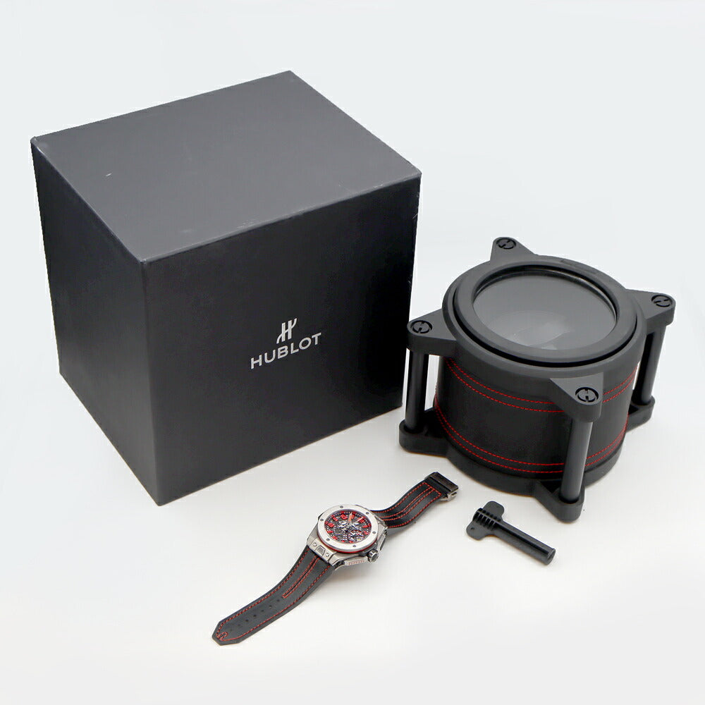 HUBLOT ウブロ ビッグバン フェラーリ ジャッポーネ50 日本50本限定 401.NI.1123.VR.FJP16 クロノグラフ デイト 裏スケ 黒 ブラック スケルトン Ti チタン 純正ベルト 純正尾錠 メンズ 自動巻き【6ヶ月保証】【腕時計】【中古】