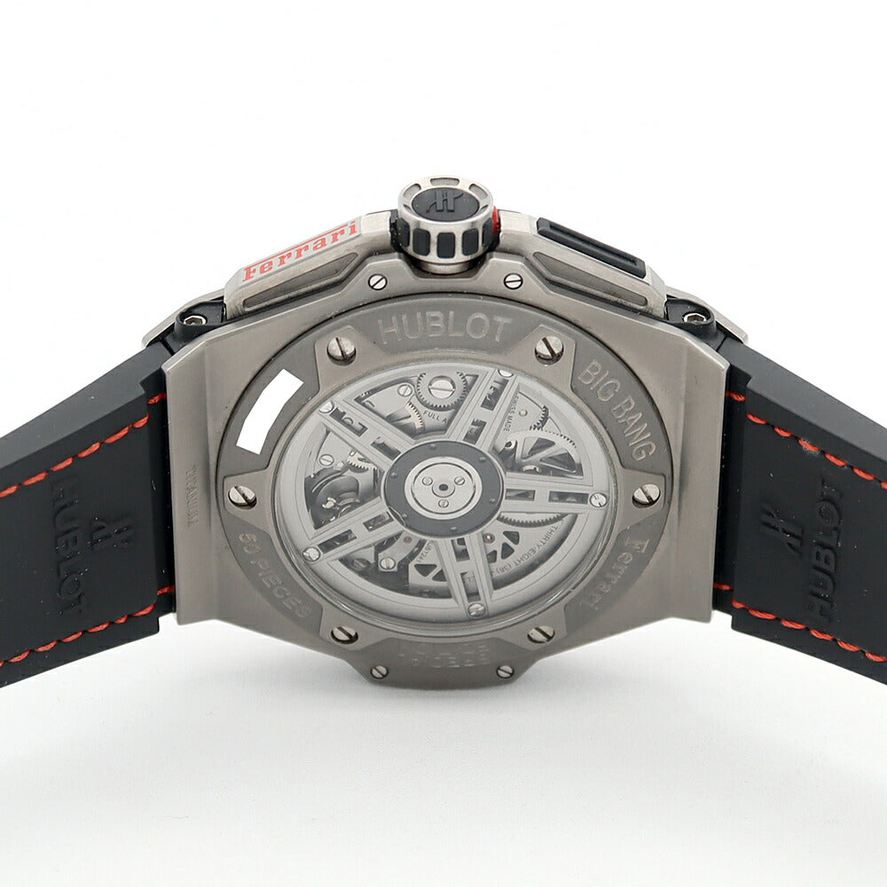 HUBLOT ウブロ ビッグバン フェラーリ ジャッポーネ50 日本50本限定 401.NI.1123.VR.FJP16 クロノグラフ デイト 裏スケ 黒 ブラック スケルトン Ti チタン 純正ベルト 純正尾錠 メンズ 自動巻き【6ヶ月保証】【腕時計】【中古】