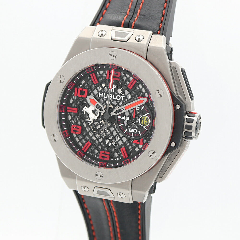 HUBLOT ウブロ ビッグバン フェラーリ ジャッポーネ50 日本50本限定 401.NI.1123.VR.FJP16 クロノグラフ デイト 裏スケ 黒 ブラック スケルトン Ti チタン 純正ベルト 純正尾錠 メンズ 自動巻き【6ヶ月保証】【腕時計】【中古】
