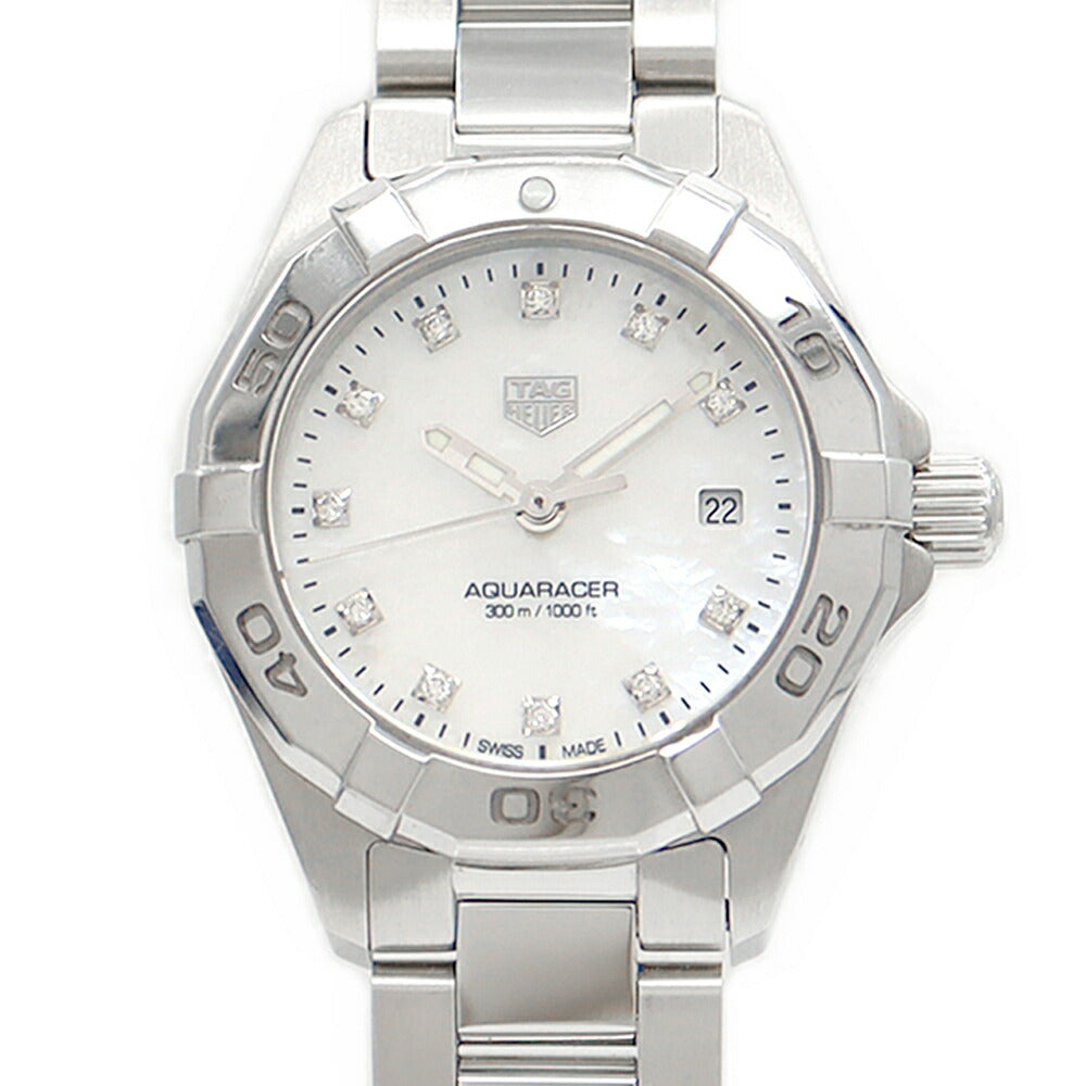 電池交換済 TAG Heuer タグホイヤー アクアレーサー WBD1414 ダイヤモンド 11Pダイヤ デイト 300m防水 白 ホワイトシェル SS ステンレス レディース クォーツ【6ヶ月保証】【腕時計】【中古】