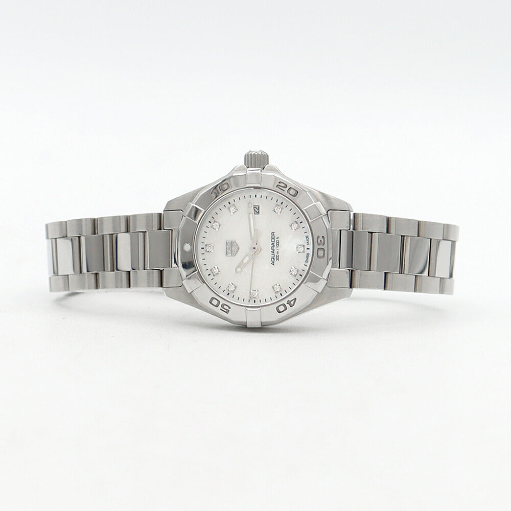電池交換済 TAG Heuer タグホイヤー アクアレーサー WBD1414 ダイヤモンド 11Pダイヤ デイト 300m防水 白 ホワイトシェル SS ステンレス レディース クォーツ【6ヶ月保証】【腕時計】【中古】