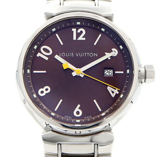 電池交換済 LOUIS VUITTON ルイヴィトン タンブール Q1111 デイト 100m防水 茶 ブラウン SS ステンレス メンズ クォーツ 【6ヶ月保証】【腕時計】【中古】