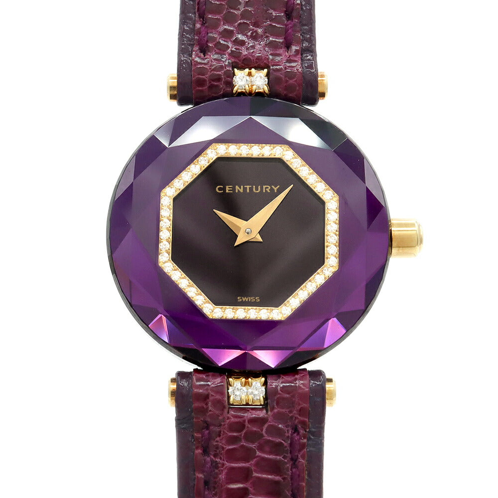 電池交換済 CENTURY センチュリー タイムジェム カットガラス ダイヤモンド 100m防水 黒 ブラック K18YG イエローゴールド 純正ベルト 純正K18YG尾錠 レディース クォーツ【6ヶ月保証】【腕時計】【中古】