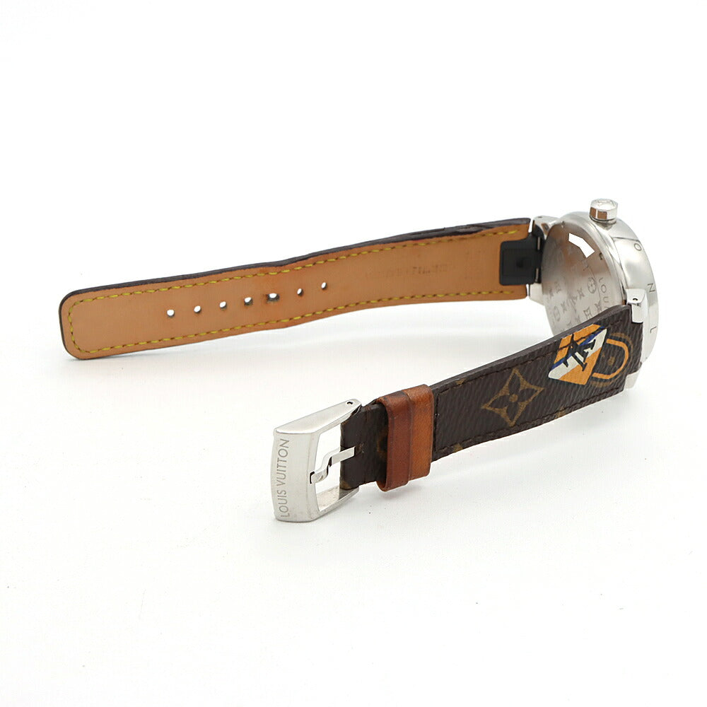 Battery replaced LOUIS VUITTON Tambour World Tour QA060 100m waterproof brown SS stainless steel genuine belt genuine buckle men's quartz [6 month warranty] [watch] [used]