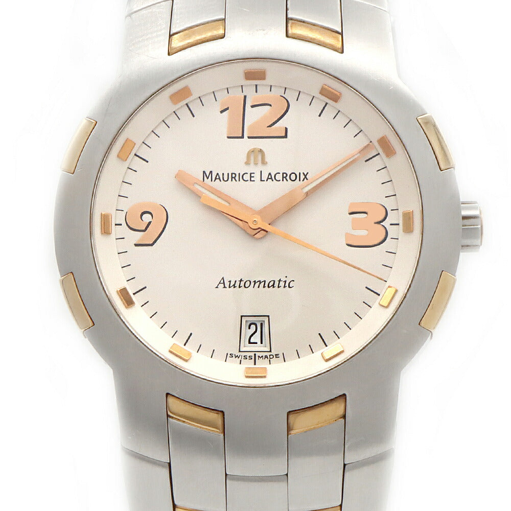 内部点検済 MAURICE LACROIX モーリスラクロア マイルストーン MS6017 デイト 100m防水 白 ホワイト SS ステンレス K18YG イエローゴールド コンビ メンズ 自動巻き【6ヶ月保証】【腕時計】【中古】