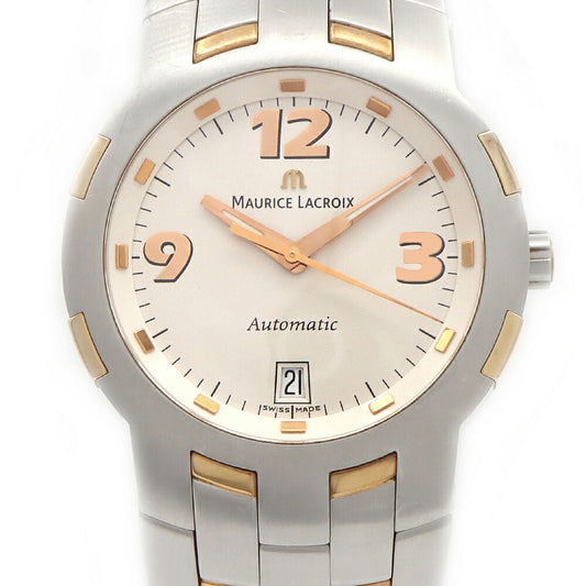 内部点検済 MAURICE LACROIX モーリスラクロア マイルストーン MS6017 デイト 100m防水 白 ホワイト SS ステンレス K18YG イエローゴールド コンビ メンズ 自動巻き【6ヶ月保証】【腕時計】【中古】