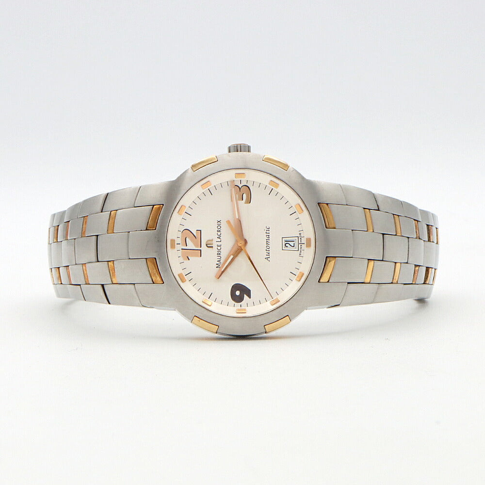 内部点検済 MAURICE LACROIX モーリスラクロア マイルストーン MS6017 デイト 100m防水 白 ホワイト SS ステンレス K18YG イエローゴールド コンビ メンズ 自動巻き【6ヶ月保証】【腕時計】【中古】