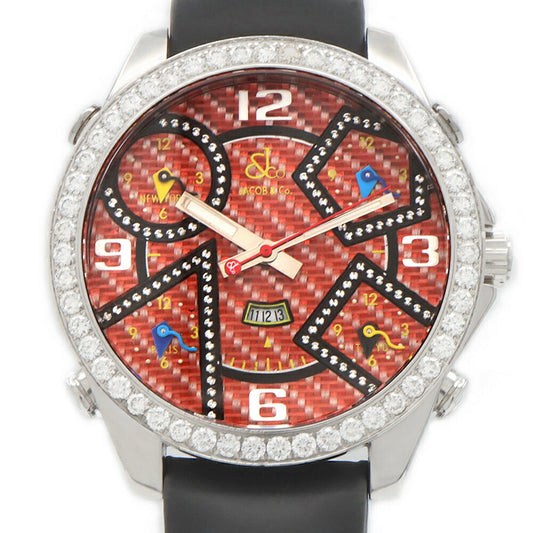 電池交換済 JACOB&Co. ジェイコブ ファイブタイムゾーン ダイヤベゼル A3465 ダイヤモンド デイト オレンジ SS ステンレス 純正ベルト 純正尾錠 メンズ クォーツ 5タイム【6ヶ月保証】【腕時計】【中古】