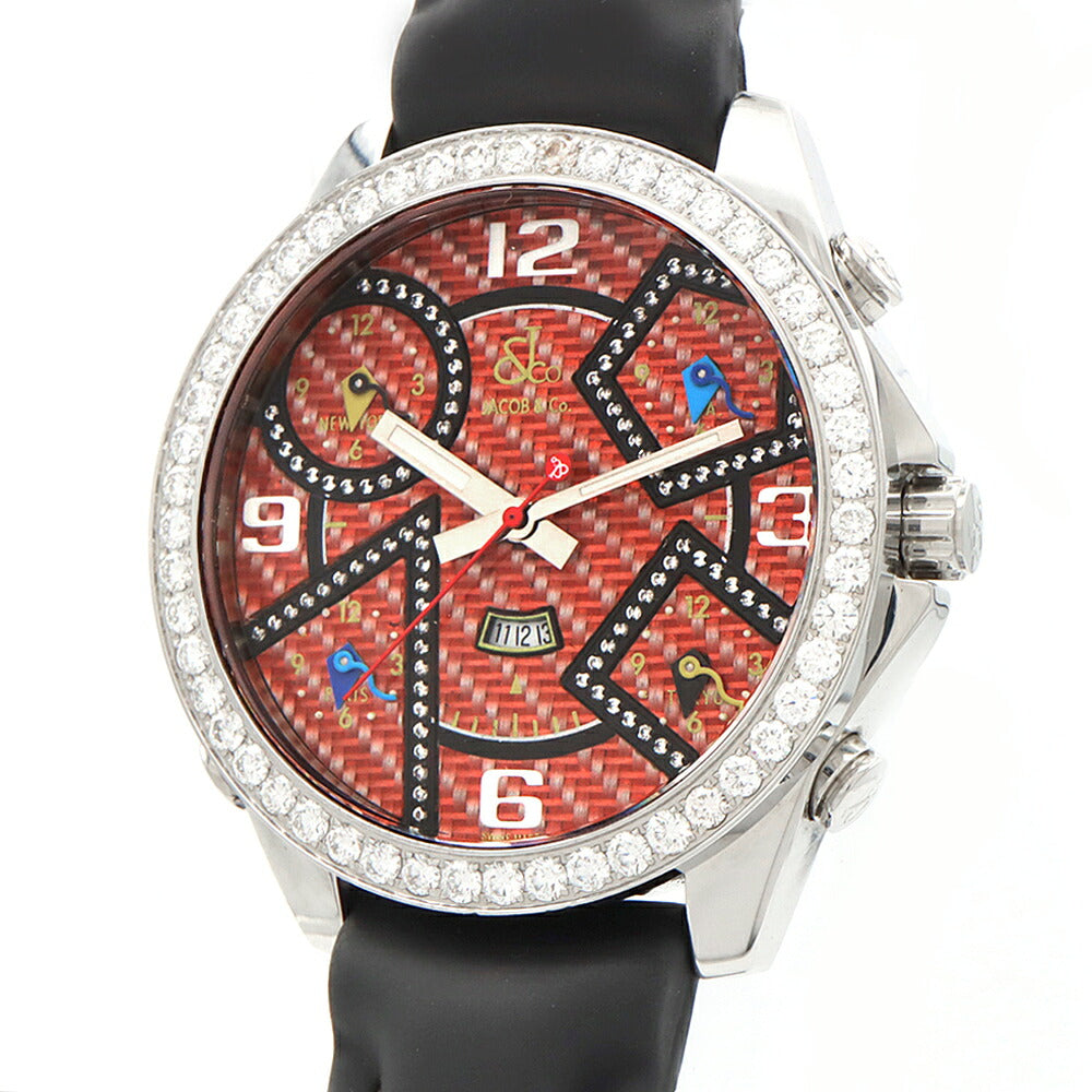 電池交換済 JACOB&Co. ジェイコブ ファイブタイムゾーン ダイヤベゼル A3465 ダイヤモンド デイト オレンジ SS ステンレス 純正ベルト 純正尾錠 メンズ クォーツ 5タイム【6ヶ月保証】【腕時計】【中古】