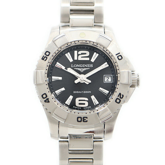 電池交換済 LONGINES ロンジン ハイドロコンクエスト L3.147.4 デイト 300m防水 黒 ブラック SS ステンレス レディース クォーツ 【6ヶ月保証】【腕時計】【中古】
