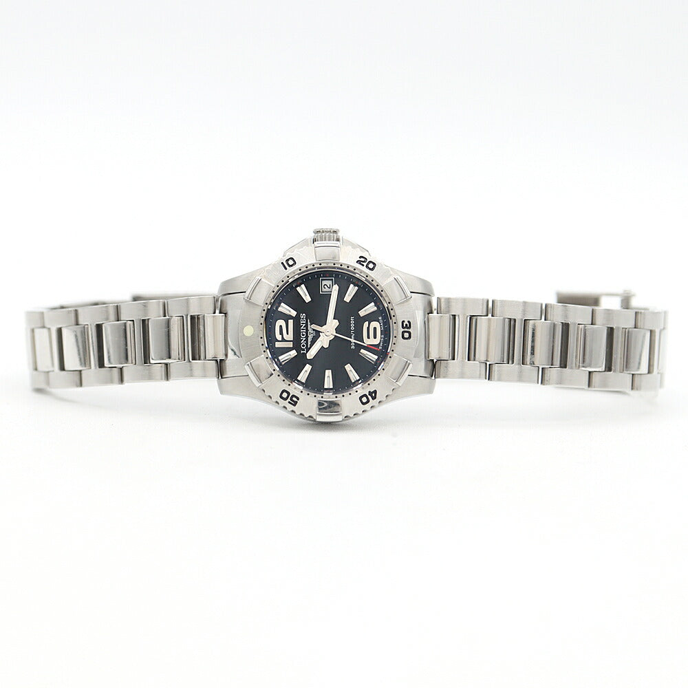 電池交換済 LONGINES ロンジン ハイドロコンクエスト L3.147.4 デイト 300m防水 黒 ブラック SS ステンレス レディース クォーツ 【6ヶ月保証】【腕時計】【中古】