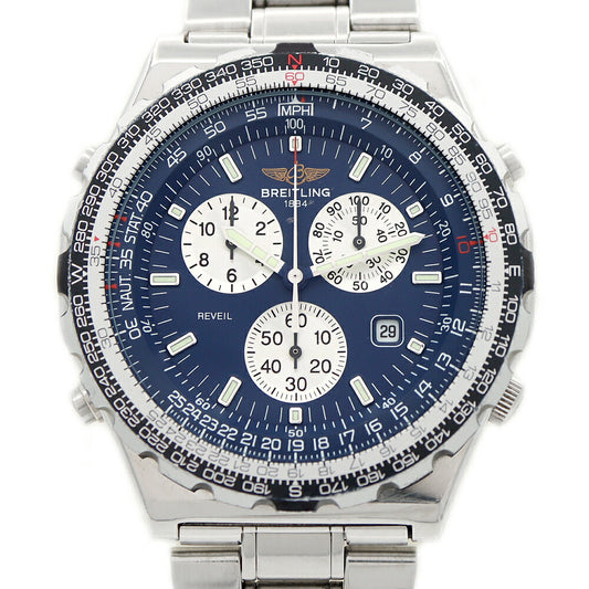 Battery replaced BREITLING Jupiter Pilot A59028 Chronograph Alarm Date 100m Water Resistant Blue SS Stainless Steel Men's Quartz [6 Month Warranty] [Watch] [Used]