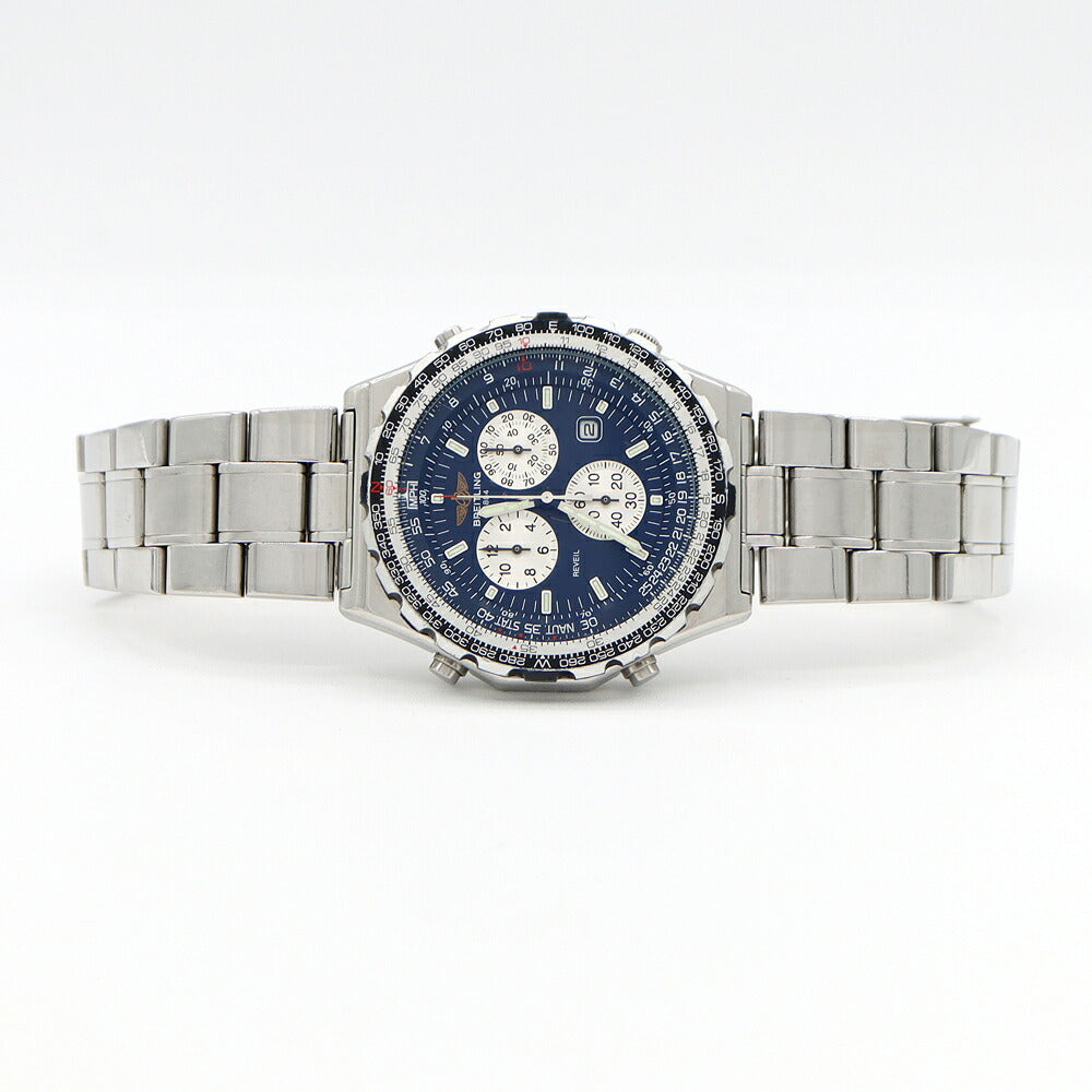 Battery replaced BREITLING Jupiter Pilot A59028 Chronograph Alarm Date 100m Water Resistant Blue SS Stainless Steel Men's Quartz [6 Month Warranty] [Watch] [Used]