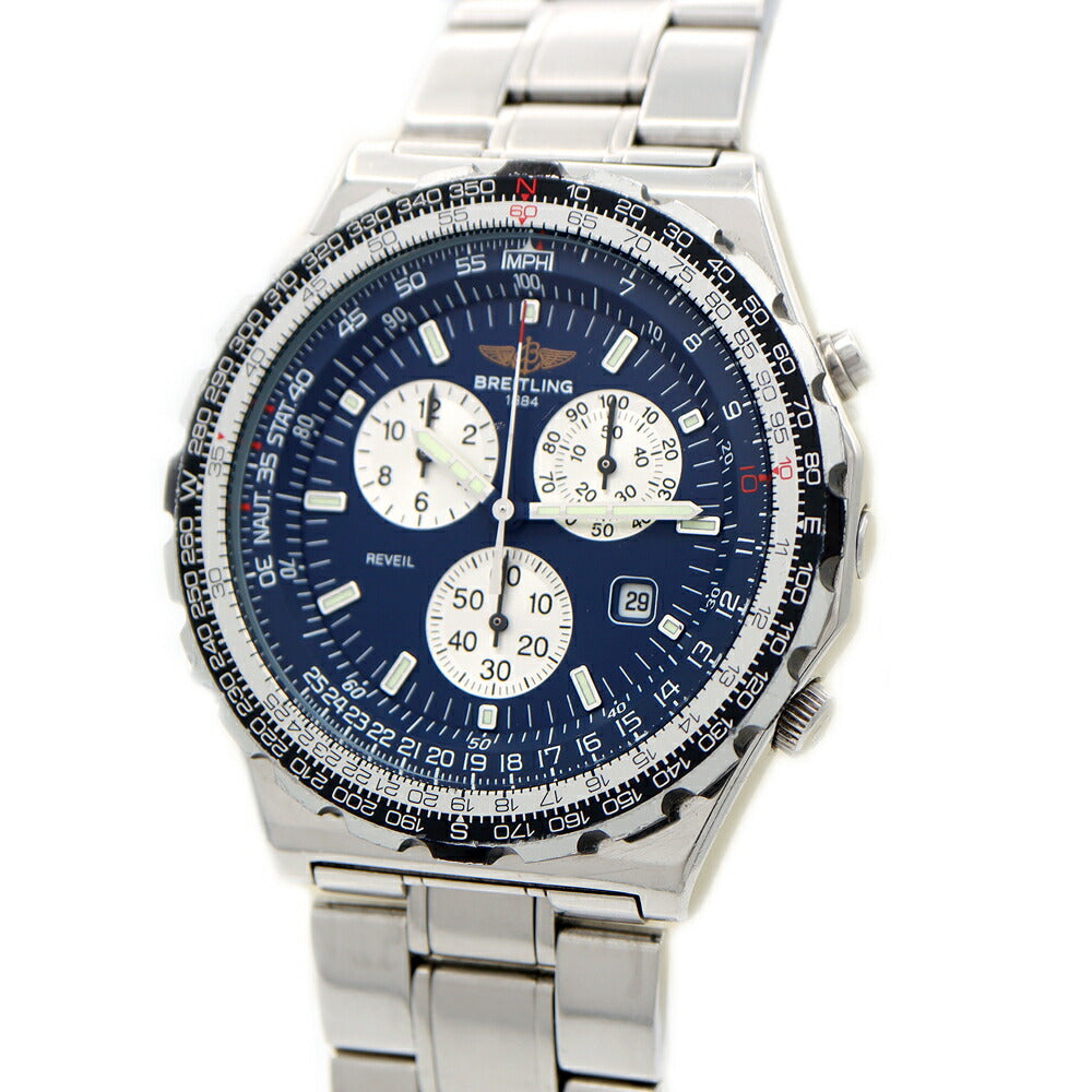 Battery replaced BREITLING Jupiter Pilot A59028 Chronograph Alarm Date 100m Water Resistant Blue SS Stainless Steel Men's Quartz [6 Month Warranty] [Watch] [Used]