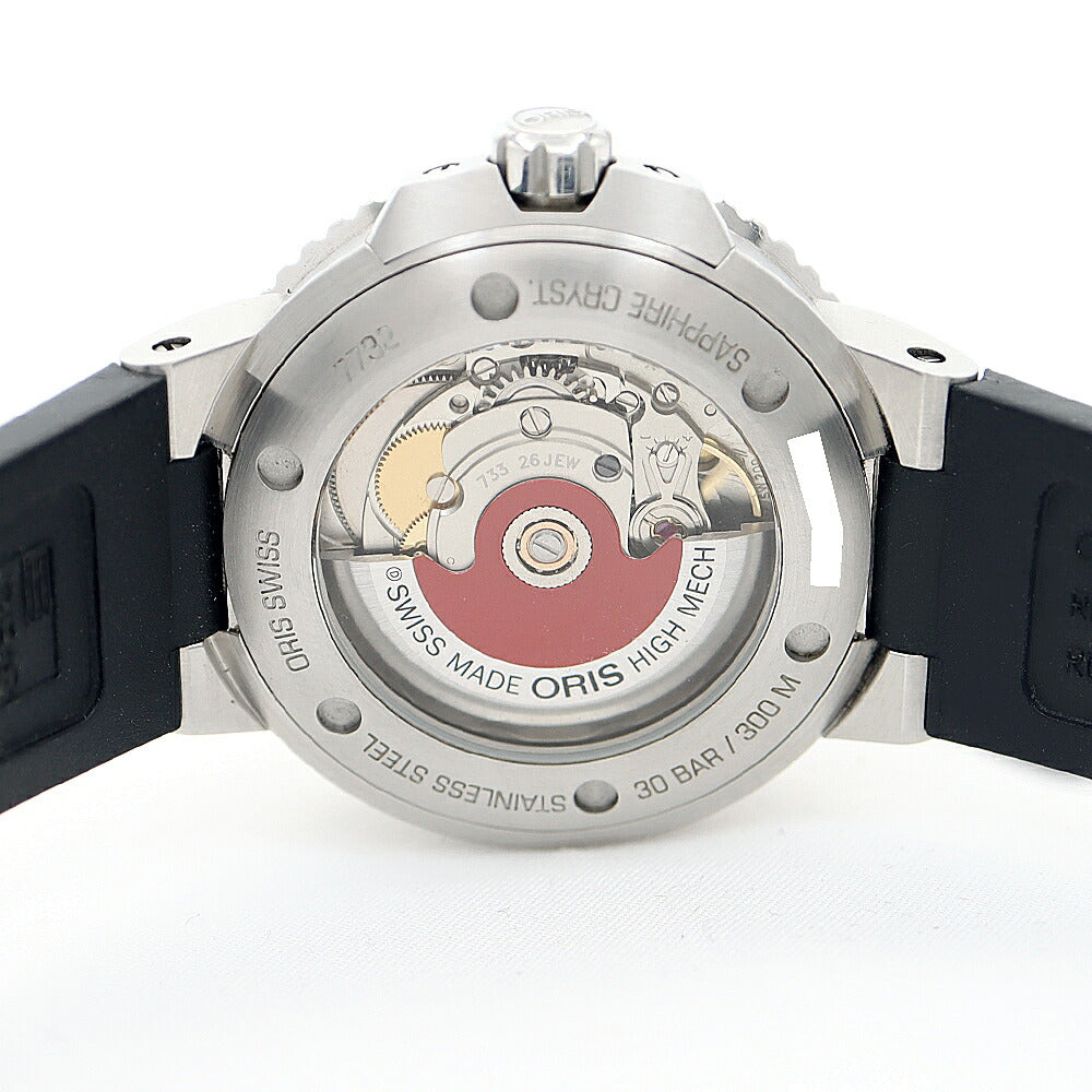 内部点検済 ORIS オリス アクイス デイト 7732 裏スケ 300m防水 黒 ブラック SS ステンレス CE セラミック 純正ベルト 純正尾錠 メンズ 自動巻き【6ヶ月保証】【腕時計】【中古】