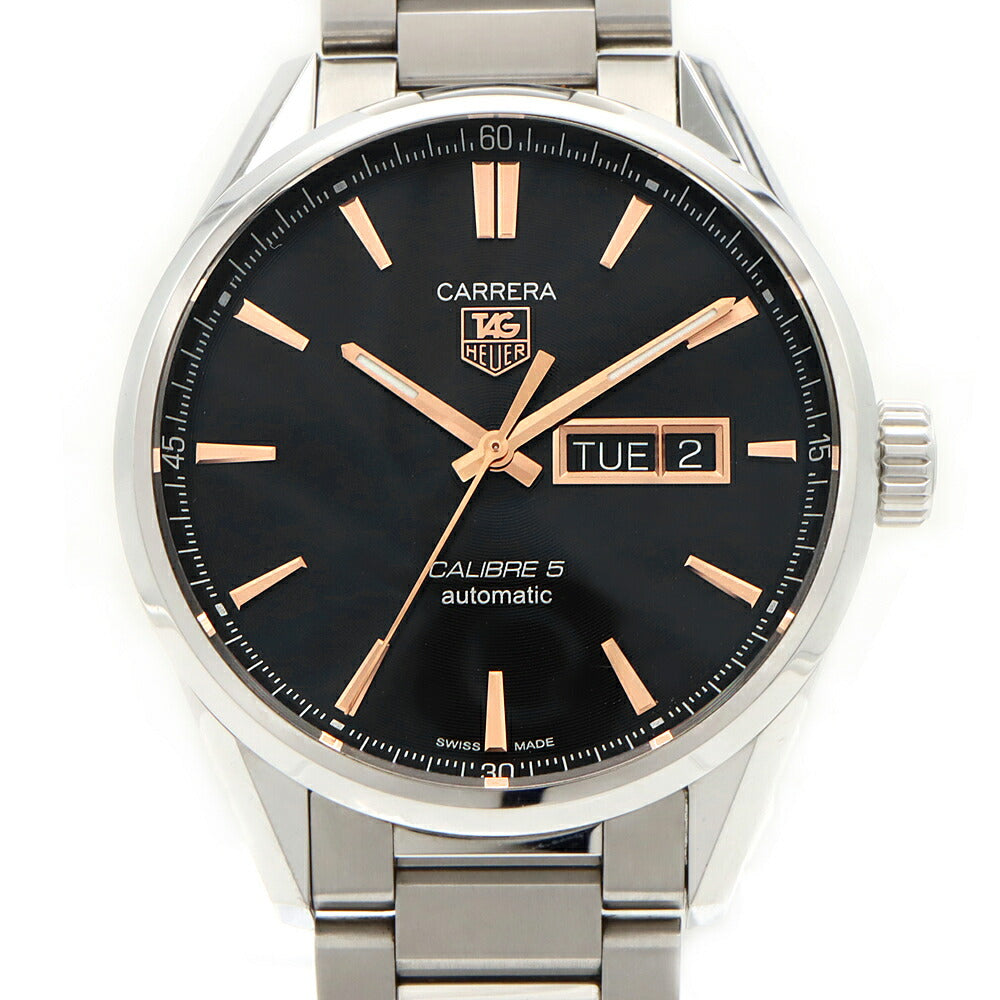内部点検済 TAG Heuer タグホイヤー カレラ キャリバー5 デイデイト WAR201C-1 100m防水 裏スケ 黒 ブラック SS ステンレス メンズ 自動巻き【6ヶ月保証】【腕時計】【中古】