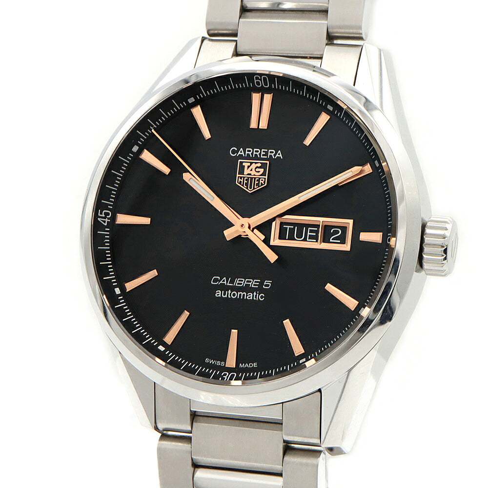 内部点検済 TAG Heuer タグホイヤー カレラ キャリバー5 デイデイト WAR201C-1 100m防水 裏スケ 黒 ブラック SS ステンレス メンズ 自動巻き【6ヶ月保証】【腕時計】【中古】