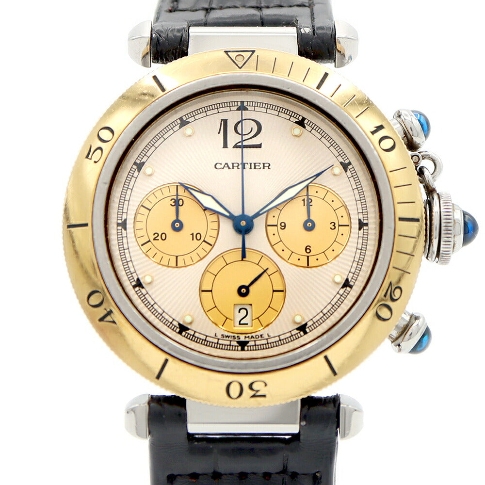 電池交換済 Cartier カルティエ パシャ プロンジャー クロノグラフ 38mm W3101155 デイト 100m防水 スモールセコンド YG イエローゴールド SS ステンレス 純正ベルト 純正尾錠 メンズ クォーツ【6ヶ月保証】【腕時計】【中古】