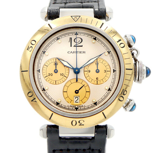 電池交換済 Cartier カルティエ パシャ プロンジャー クロノグラフ 38mm W3101155 デイト 100m防水 スモールセコンド YG イエローゴールド SS ステンレス 純正ベルト 純正尾錠 メンズ クォーツ【6ヶ月保証】【腕時計】【中古】