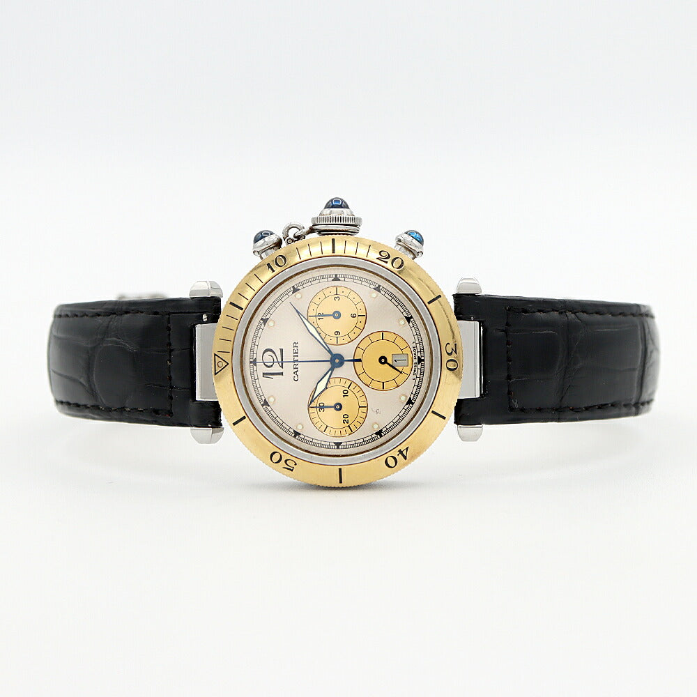 電池交換済 Cartier カルティエ パシャ プロンジャー クロノグラフ 38mm W3101155 デイト 100m防水 スモールセコンド YG イエローゴールド SS ステンレス 純正ベルト 純正尾錠 メンズ クォーツ【6ヶ月保証】【腕時計】【中古】