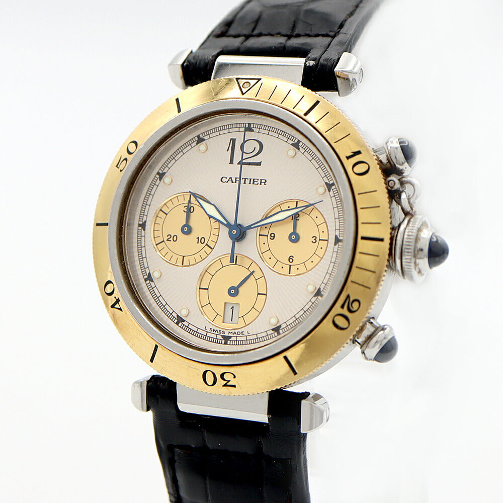 電池交換済 Cartier カルティエ パシャ プロンジャー クロノグラフ 38mm W3101155 デイト 100m防水 スモールセコンド YG イエローゴールド SS ステンレス 純正ベルト 純正尾錠 メンズ クォーツ【6ヶ月保証】【腕時計】【中古】