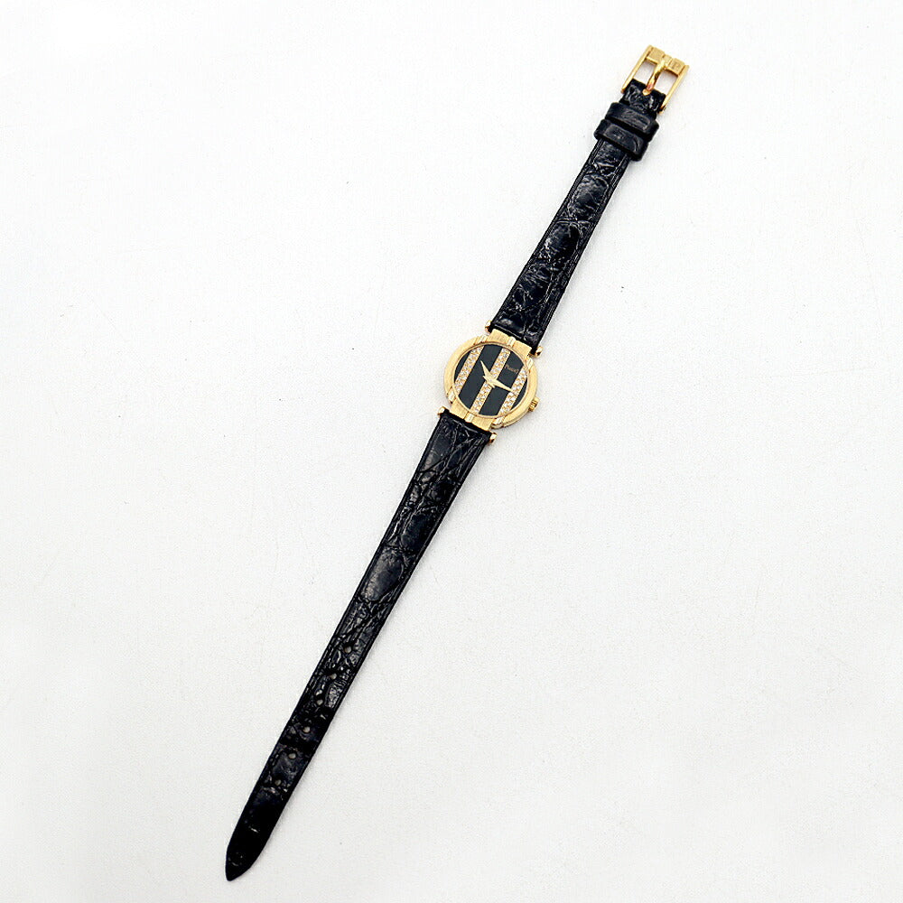 電池交換済 PIAGET ピアジェ ポロ 8243 純正ダイヤモンド 黒 ブラック K18YG イエローゴールド 純正ベルト 純正尾錠 レディース クォーツ【6ヶ月保証】【腕時計】【中古】