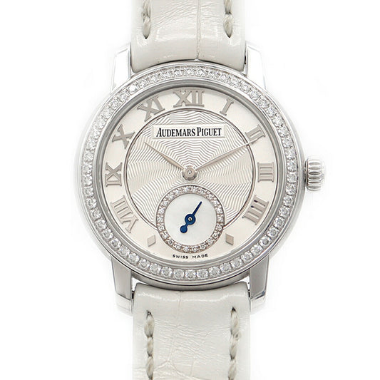 AUDEMARS PIGUET オーデマピゲ ジュールオーデマ ダイヤベゼル 77228BC.ZZ.A001MR.01 ダイヤモンド スモールセコンド 裏スケ シルバー 白 ホワイトシェル K18WG ホワイトゴールド 純正ベルト 純正尾錠 レディース 手巻き AP【6ヶ月保証】【腕時計】【中古】