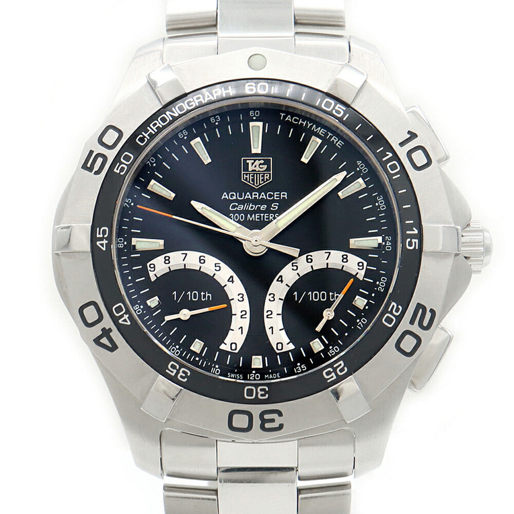 電池交換済 TAG Heuer タグホイヤー ニューアクアレーサー キャリバーS CAF7010 クロノグラフ 300m防水 タキメーター 黒 ブラック SS ステンレス メンズ クォーツ【6ヶ月保証】【腕時計】【中古】