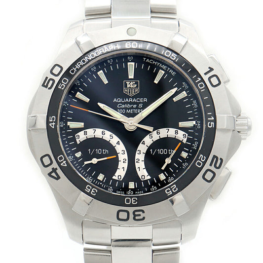 電池交換済 TAG Heuer タグホイヤー ニューアクアレーサー キャリバーS CAF7010 クロノグラフ 300m防水 タキメーター 黒 ブラック SS ステンレス メンズ クォーツ【6ヶ月保証】【腕時計】【中古】