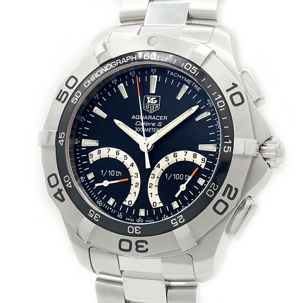 電池交換済 TAG Heuer タグホイヤー ニューアクアレーサー キャリバーS CAF7010 クロノグラフ 300m防水 タキメーター 黒 ブラック SS ステンレス メンズ クォーツ【6ヶ月保証】【腕時計】【中古】