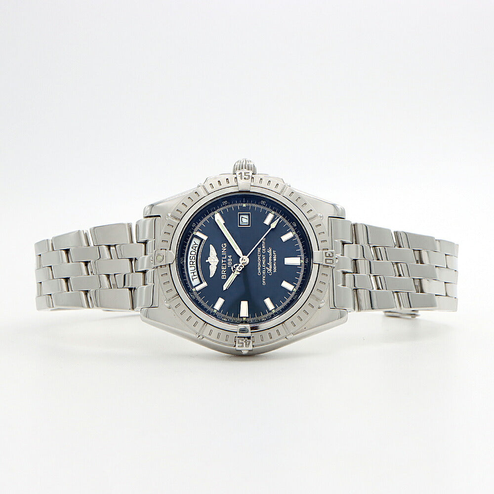 内部点検済 BREITLING ブライトリング ヘッドウィンド A45355 500m防水 デイデイト ネイビー SS ステンレス メンズ 自動巻き【6ヶ月保証】【腕時計】【中古】