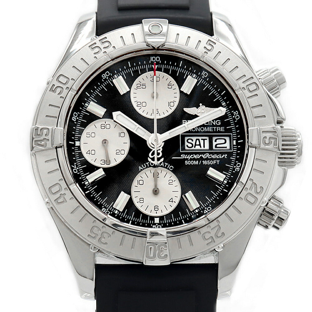 BREITLING ブライトリング クロノ スーパーオーシャン A13340 クロノグラフ デイデイト 500m防水 黒 ブラック SS ステンレス 純正ベルト 純正バックル メンズ 自動巻き【6ヶ月保証】【腕時計】【中古】