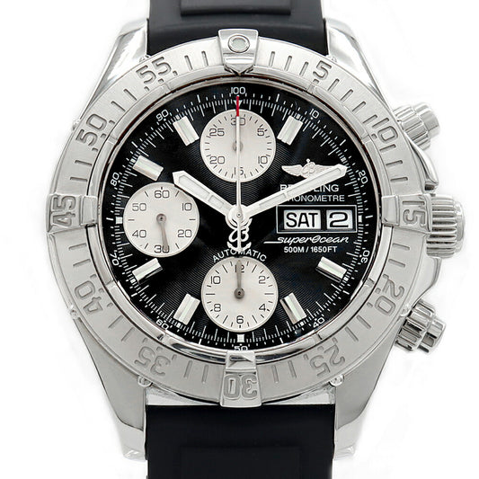BREITLING ブライトリング クロノ スーパーオーシャン A13340 クロノグラフ デイデイト 500m防水 黒 ブラック SS ステンレス 純正ベルト 純正バックル メンズ 自動巻き【6ヶ月保証】【腕時計】【中古】