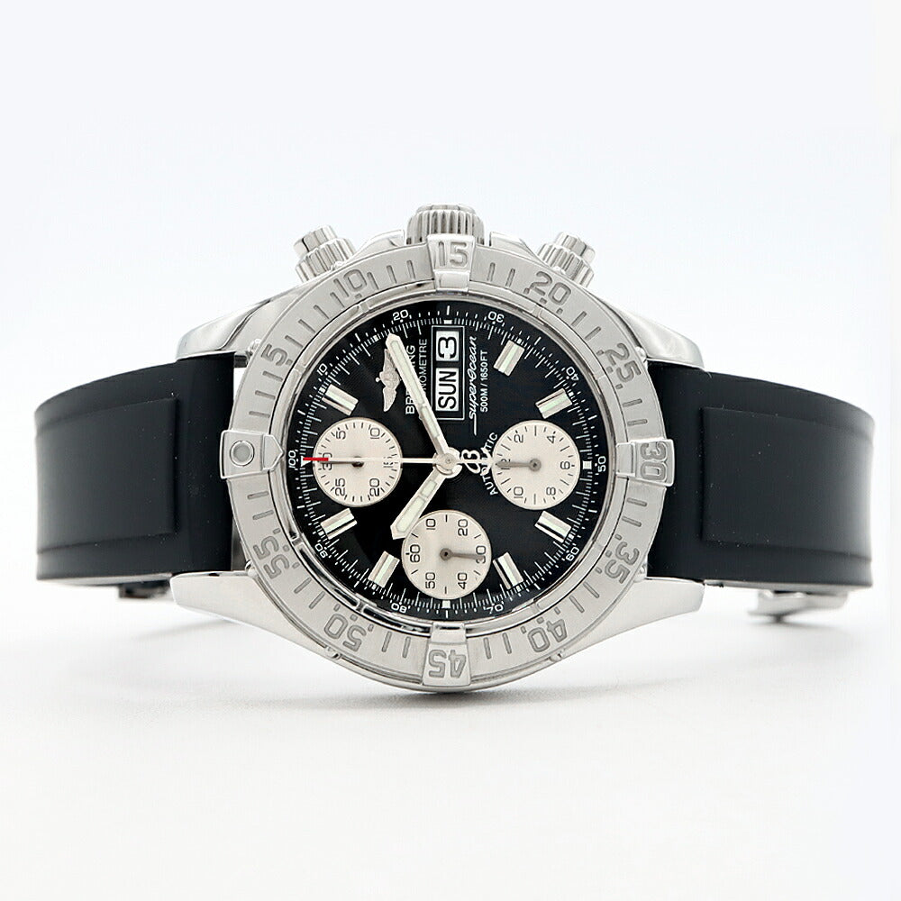 BREITLING ブライトリング クロノ スーパーオーシャン A13340 クロノグラフ デイデイト 500m防水 黒 ブラック SS ステンレス 純正ベルト 純正バックル メンズ 自動巻き【6ヶ月保証】【腕時計】【中古】