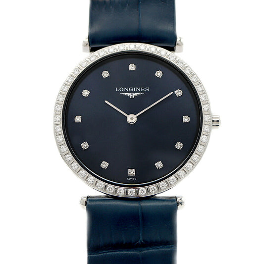 電池交換済 LONGINES ロンジン ラ グラン クラシック ドゥ ロンジン ダイヤベゼル L4.523.0 ダイヤモンド 12Pダイヤ 青 ブルー SS ステンレス 純正ベルト 純正尾錠 レディース クォーツ【6ヶ月保証】【腕時計】【中古】