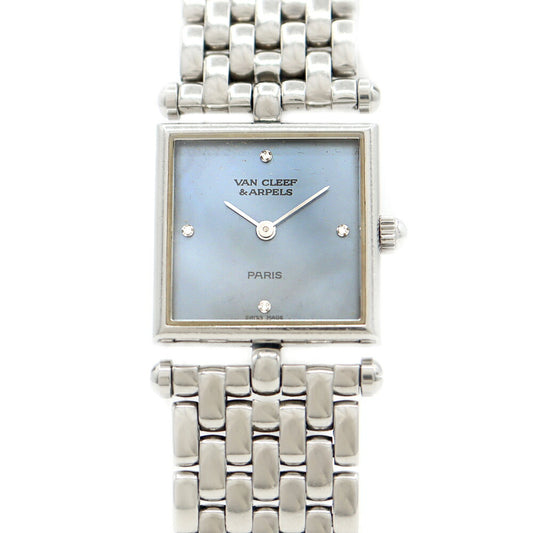 電池交換済 VanCleef&Arppels ヴァンクリーフ＆アーペル クラシック スクエア 4Pダイヤ 522642 ダイヤモンド 青 ブルーシェル SS ステンレス レディース クォーツ【6ヶ月保証】【腕時計】【中古】
