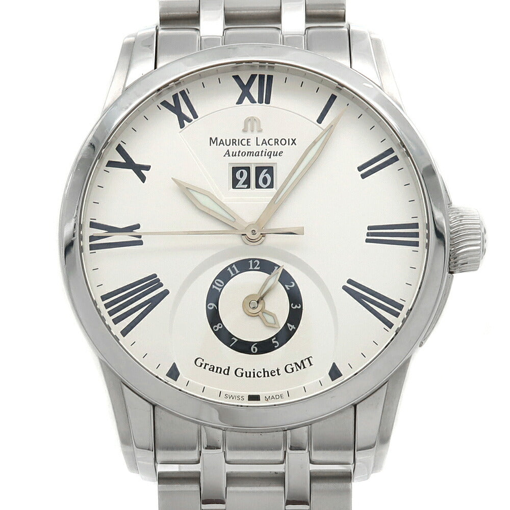 MAURICE LACROIX モーリスラクロア ポントス グランギシェ GMT PT6098 50m防水 裏スケ ビッグデイト シルバー SS ステンレス メンズ 自動巻き【6ヶ月保証】【腕時計】【中古】