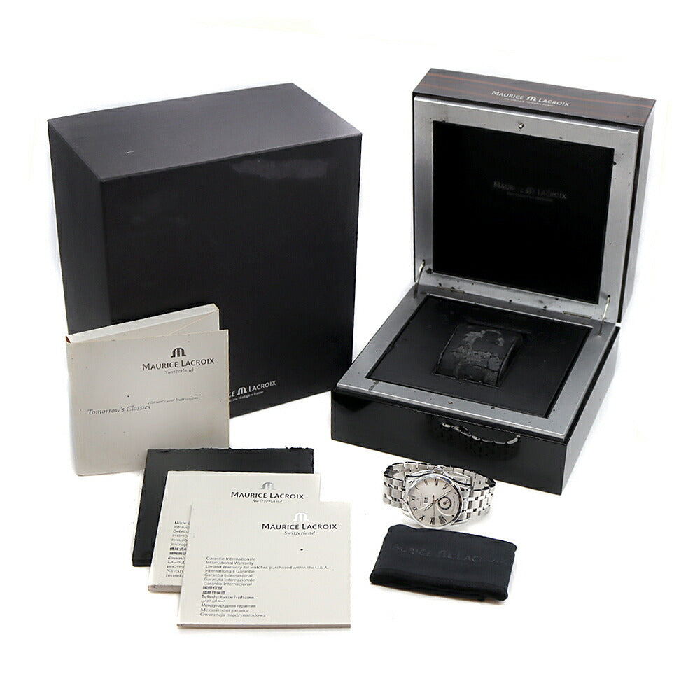 MAURICE LACROIX モーリスラクロア ポントス グランギシェ GMT PT6098 50m防水 裏スケ ビッグデイト シルバー SS ステンレス メンズ 自動巻き【6ヶ月保証】【腕時計】【中古】