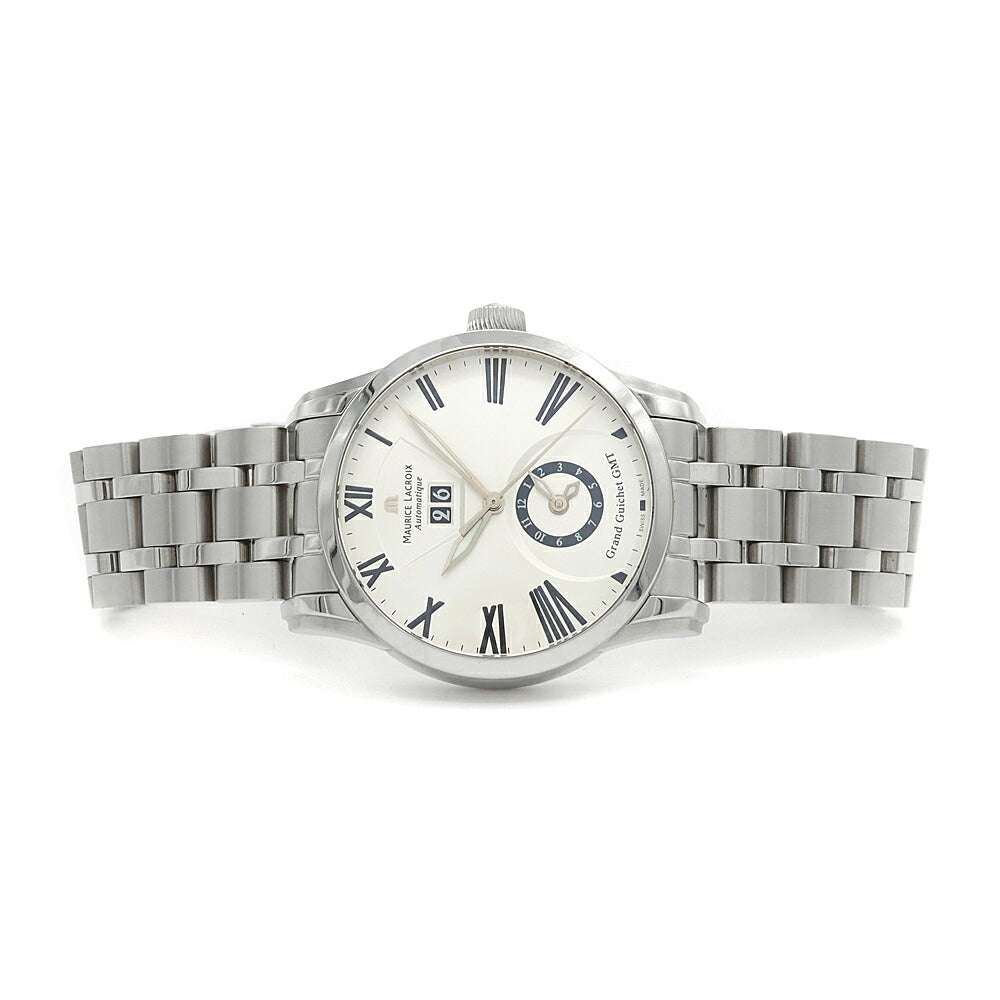 MAURICE LACROIX モーリスラクロア ポントス グランギシェ GMT PT6098 50m防水 裏スケ ビッグデイト シルバー SS ステンレス メンズ 自動巻き【6ヶ月保証】【腕時計】【中古】