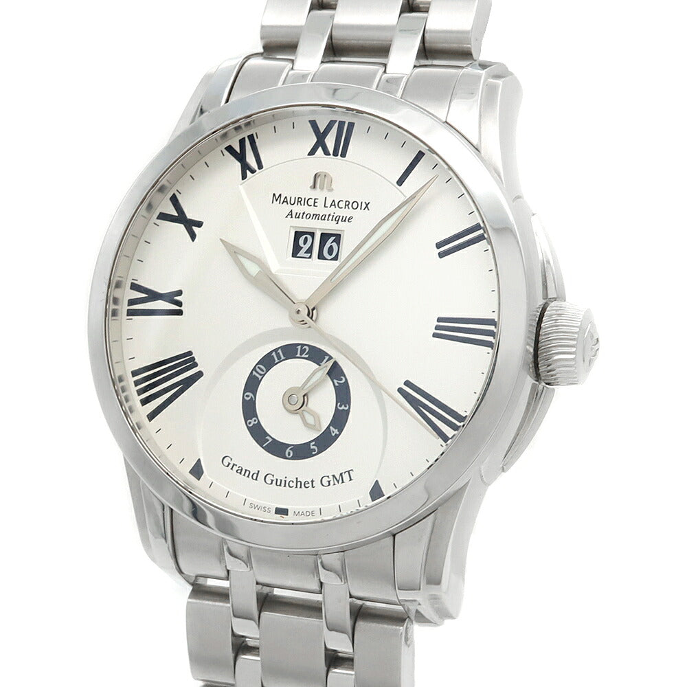 MAURICE LACROIX モーリスラクロア ポントス グランギシェ GMT PT6098 50m防水 裏スケ ビッグデイト シルバー SS ステンレス メンズ 自動巻き【6ヶ月保証】【腕時計】【中古】